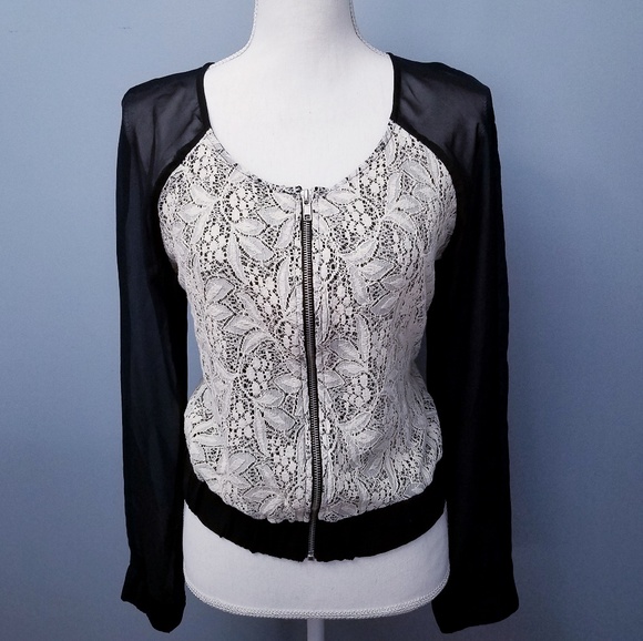 Bomber Jacket White Lace Body & Sheer Black Sleeve - Picture 2 of 8